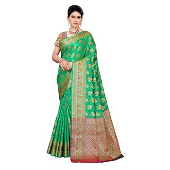 Green woven cotton silk saree with blouse 1