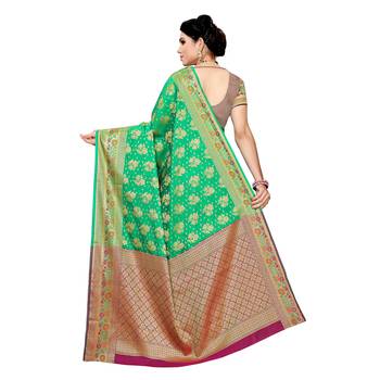 Green woven cotton silk saree with blouse 4