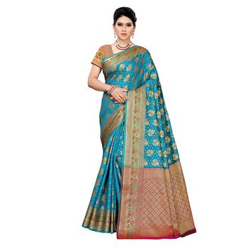 Blue woven cotton silk saree with blouse 1