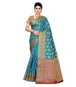 Blue woven cotton silk saree with blouse