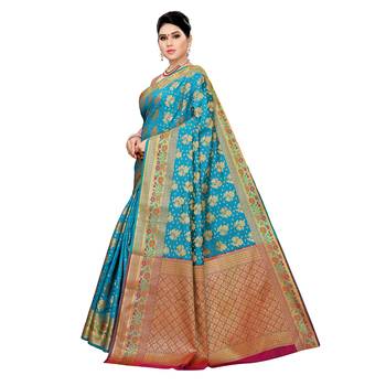 Blue woven cotton silk saree with blouse 2
