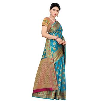 Blue woven cotton silk saree with blouse 3