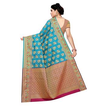 Blue woven cotton silk saree with blouse 4