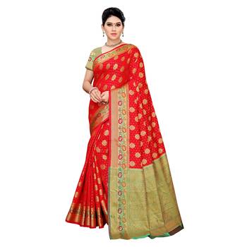 Red woven cotton silk saree with blouse 1