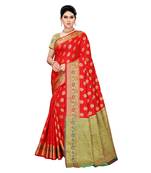 Red woven cotton silk saree with blouse