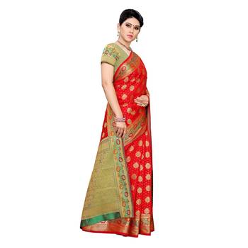 Red woven cotton silk saree with blouse 3