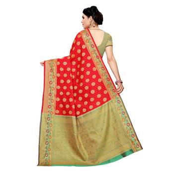 Red woven cotton silk saree with blouse 4