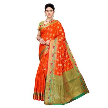 Orange woven cotton silk saree with blouse 1