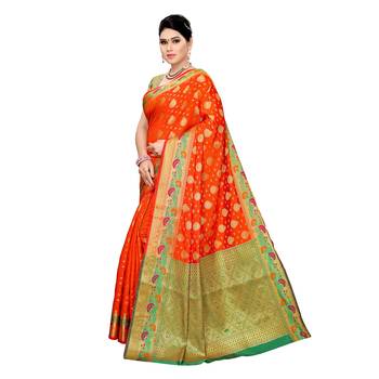 Orange woven cotton silk saree with blouse 2