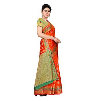 Orange woven cotton silk saree with blouse 3