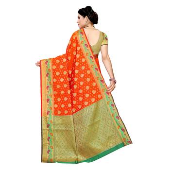 Orange woven cotton silk saree with blouse 4