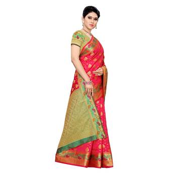 Pink woven cotton silk saree with blouse 3
