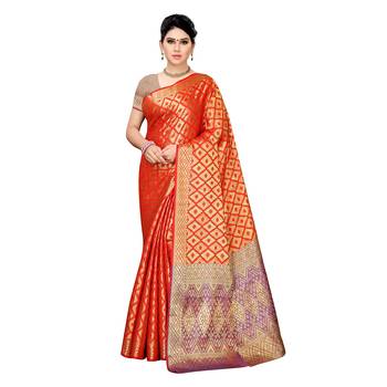 Red woven cotton silk saree with blouse 1