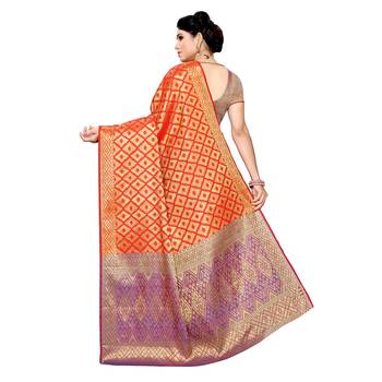 Red woven cotton silk saree with blouse 4