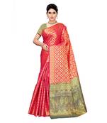 Pink woven cotton silk saree with blouse