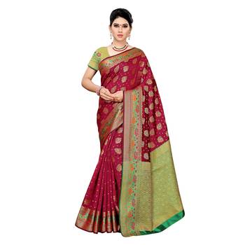 Pink woven cotton silk saree with blouse 1