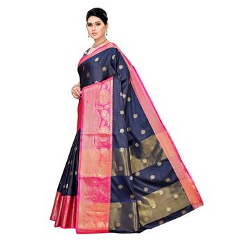 Blue woven cotton silk saree with blouse 2