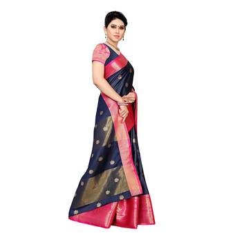 Blue woven cotton silk saree with blouse 3
