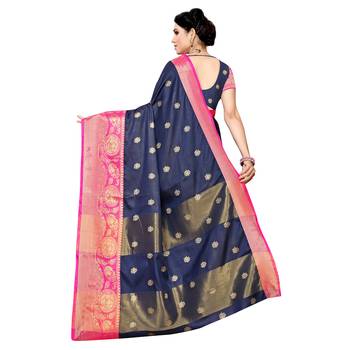 Blue woven cotton silk saree with blouse 4