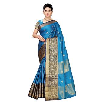 Blue woven cotton silk saree with blouse 1