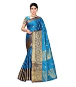 Blue woven cotton silk saree with blouse