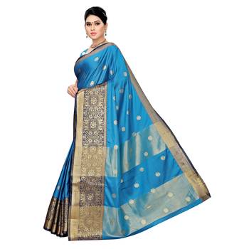Blue woven cotton silk saree with blouse 2