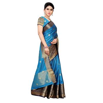Blue woven cotton silk saree with blouse 3