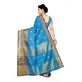 Blue woven cotton silk saree with blouse 4