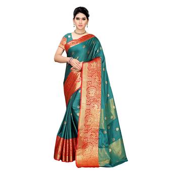 Green woven cotton silk saree with blouse 1