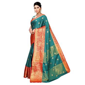 Green woven cotton silk saree with blouse 2