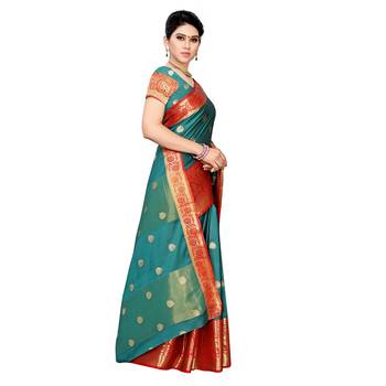 Green woven cotton silk saree with blouse 3