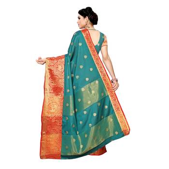 Green woven cotton silk saree with blouse 4