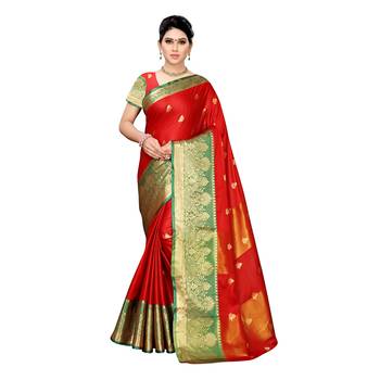 Red woven cotton silk saree with blouse 1