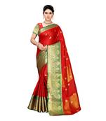Red woven cotton silk saree with blouse