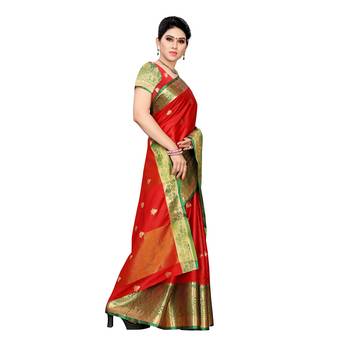 Red woven cotton silk saree with blouse 3