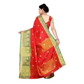 Red woven cotton silk saree with blouse 4