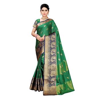 Green woven cotton silk saree with blouse 1