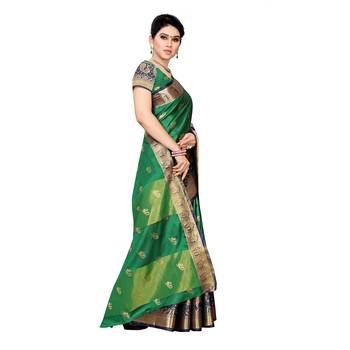 Green woven cotton silk saree with blouse 3