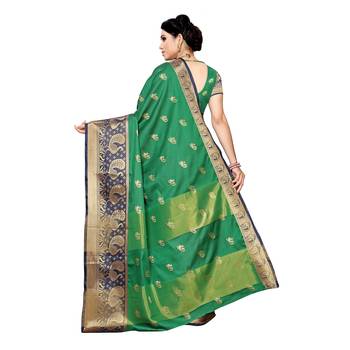 Green woven cotton silk saree with blouse 4