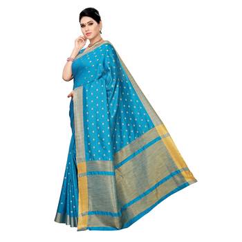 Blue woven cotton silk saree with blouse 2