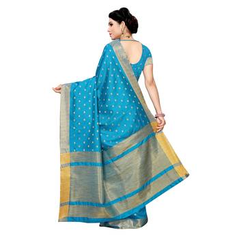 Blue woven cotton silk saree with blouse 4