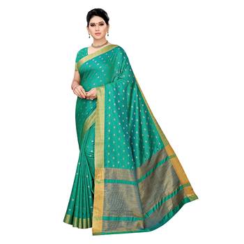 Green woven cotton silk saree with blouse 1
