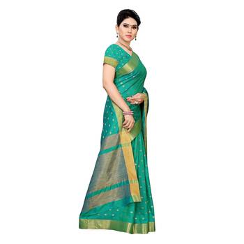 Green woven cotton silk saree with blouse 3