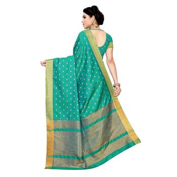 Green woven cotton silk saree with blouse 4