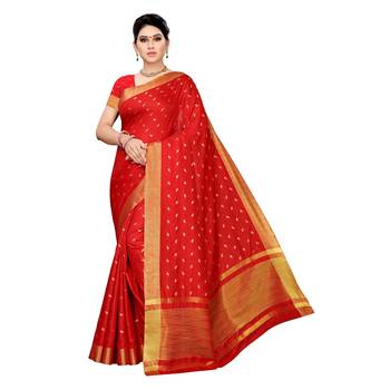Red woven cotton silk saree with blouse 1