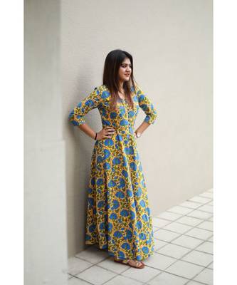 Yellow printed Cotton stitched dresses 1