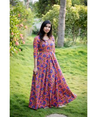 Orange printed Cotton stitched dresses 3