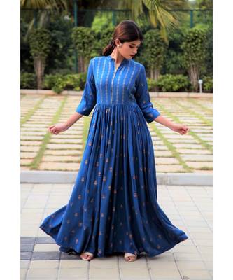 blue printed Rayon stitched dresses 1