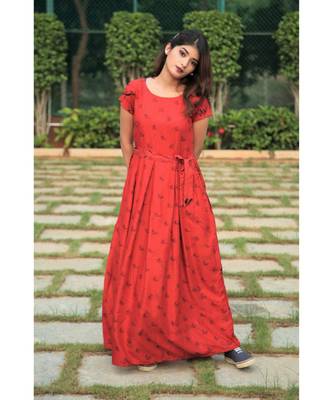 orange printed Rayon stitched dresses 1