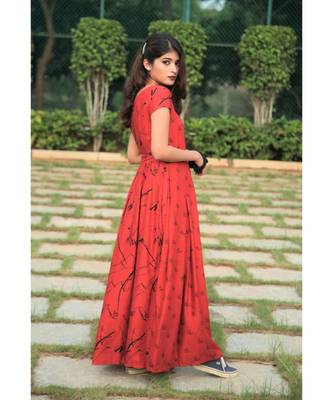 orange printed Rayon stitched dresses 2